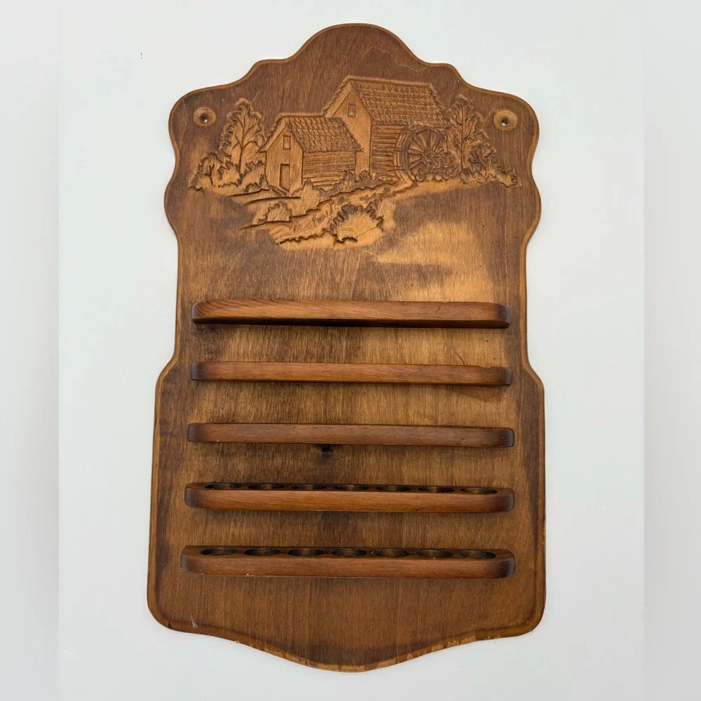 Vintage Wooden Thimble Rack Display with Carved Water Wheel Mill Design